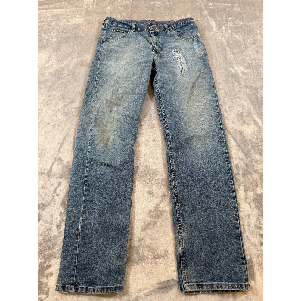 Wrangler Men's Regular Fit Straight Leg Jeans 34x30 Light Wash Distressed Button